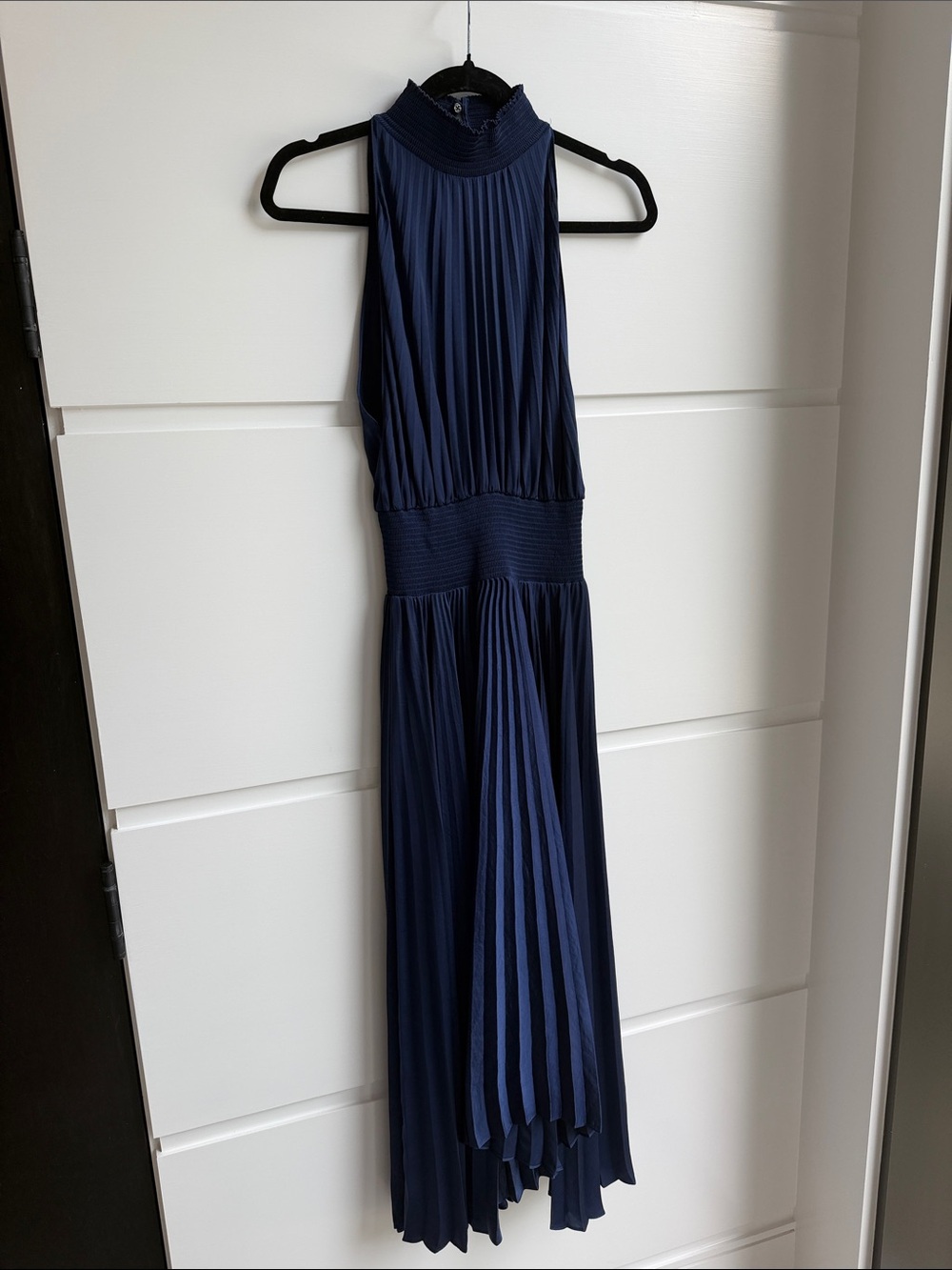 A.L.C. Navy Pleated Halter High-Low Maxi Dress